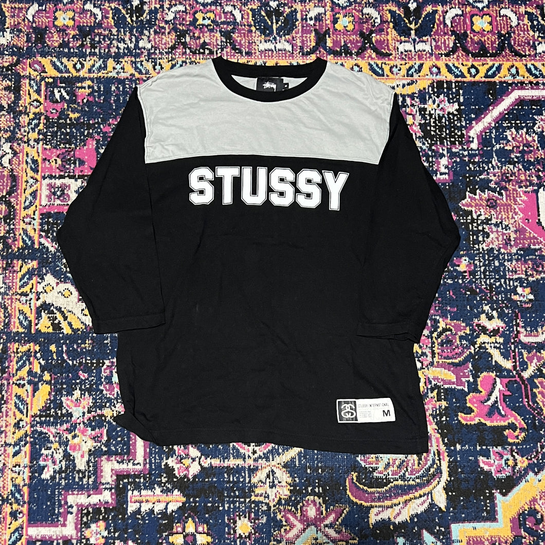 Stussy Men's Basic Block Jersey Long Sleeve Baseball T-Shirt Black/Grey Medium